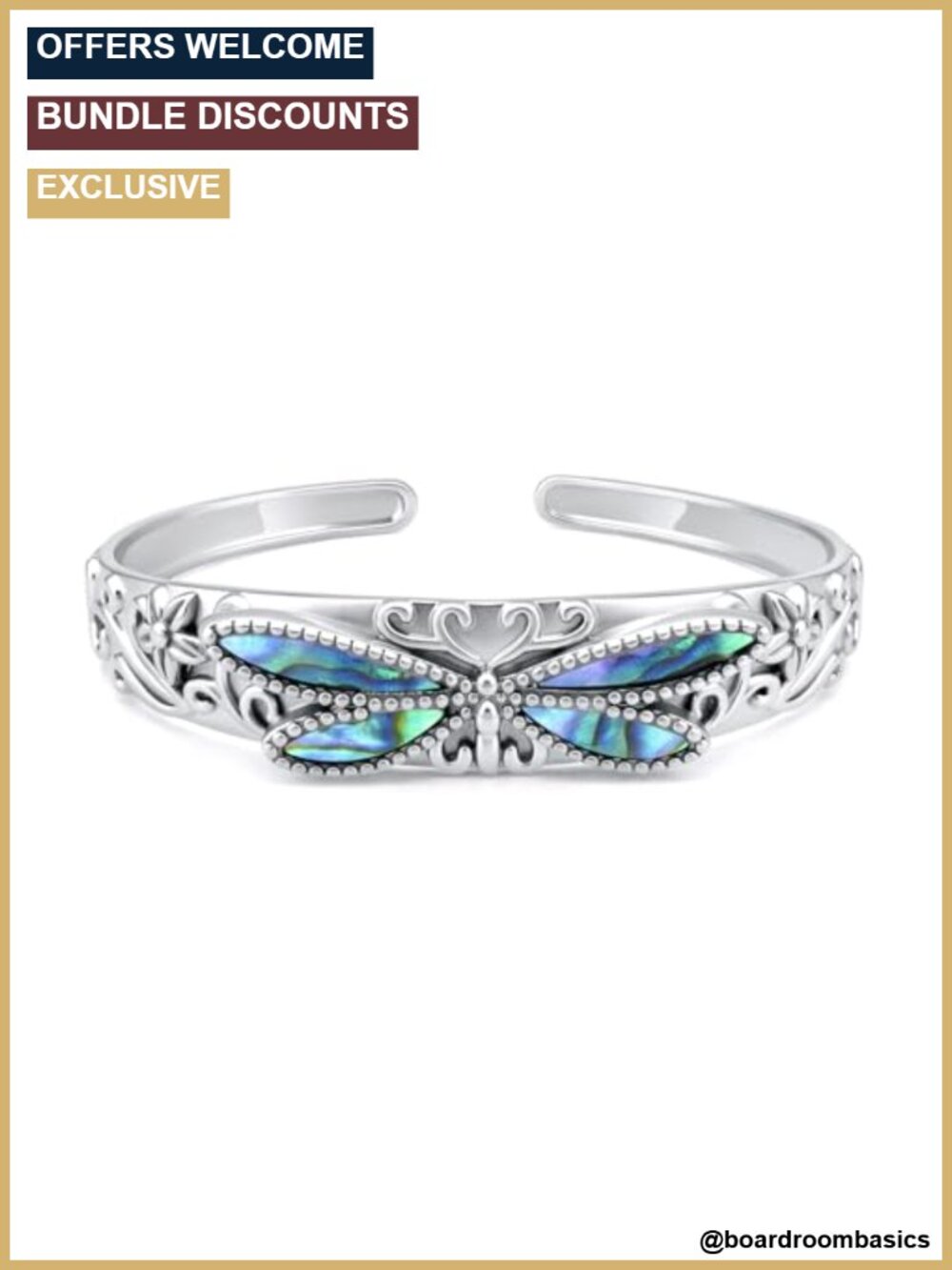 925 Sterling Silver Abalone Shell Cuff Bracelet Dragonfly Open Bangle